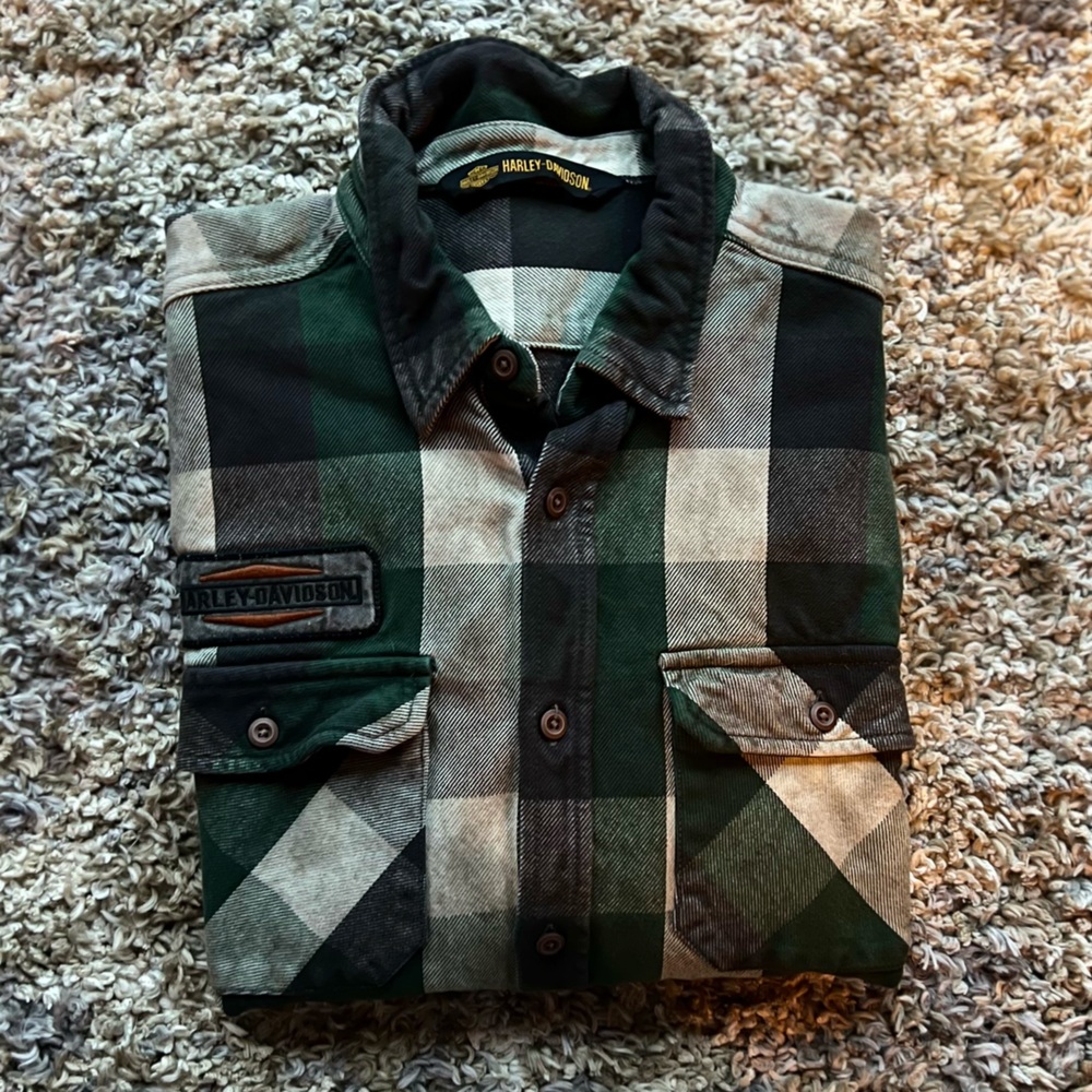 Harley Davidson Green Button Up Logo Flannel